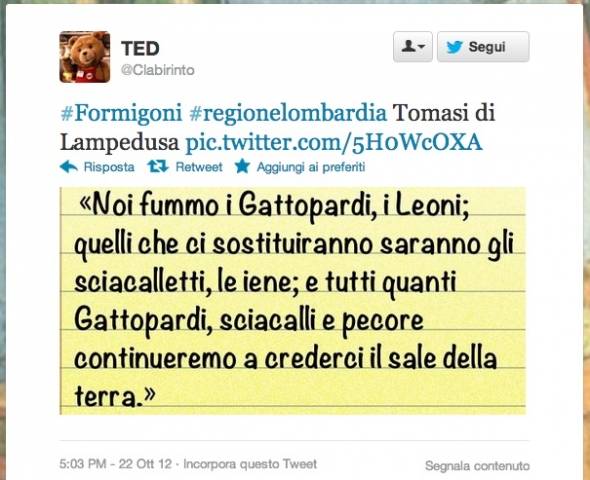 Formigoni insultato su Twitter (inserita in galleria)