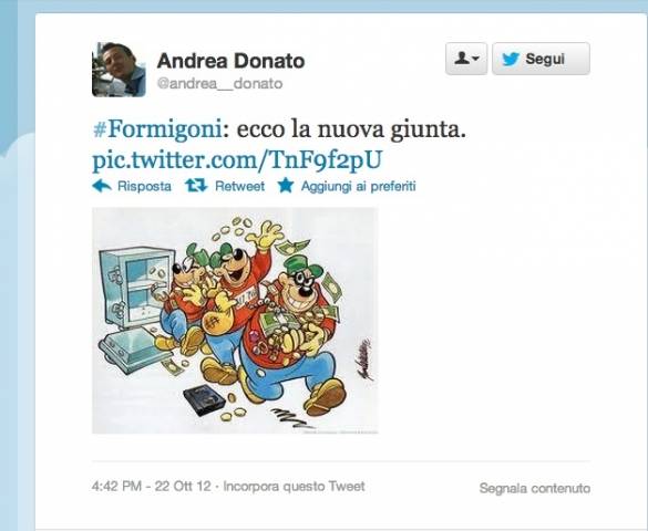 Formigoni insultato su Twitter (inserita in galleria)