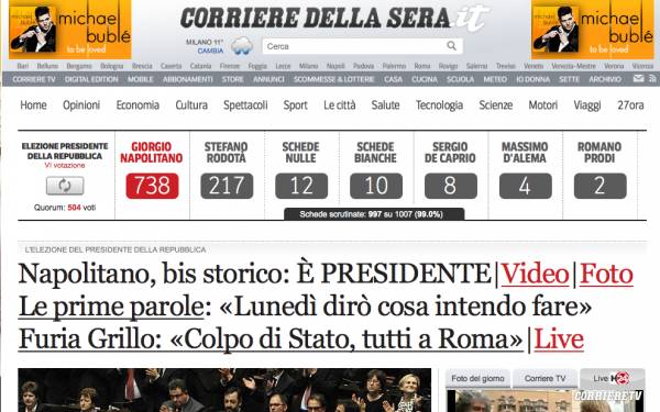 Napolitano, le Homepage dei giornali (inserita in galleria)