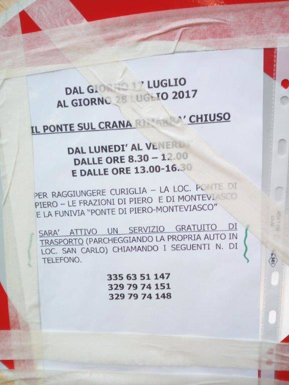 Lavori sul ponte, strada chiusa per Curiglia e Piero