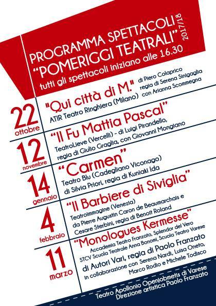 I Pomeriggi Teatrali diretti da Paolo Franzato. Una splendida Stagione 2017/18 in scena al Teatro di Varese