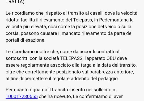 Pedemontana contestazione pagamento mancata lettura telepass