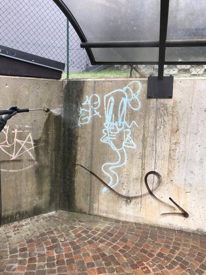 Ripulito il muro della fermata di Vegonno