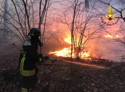 I vigili del fuoco sul fronte delle fiamme di fianco alla statale