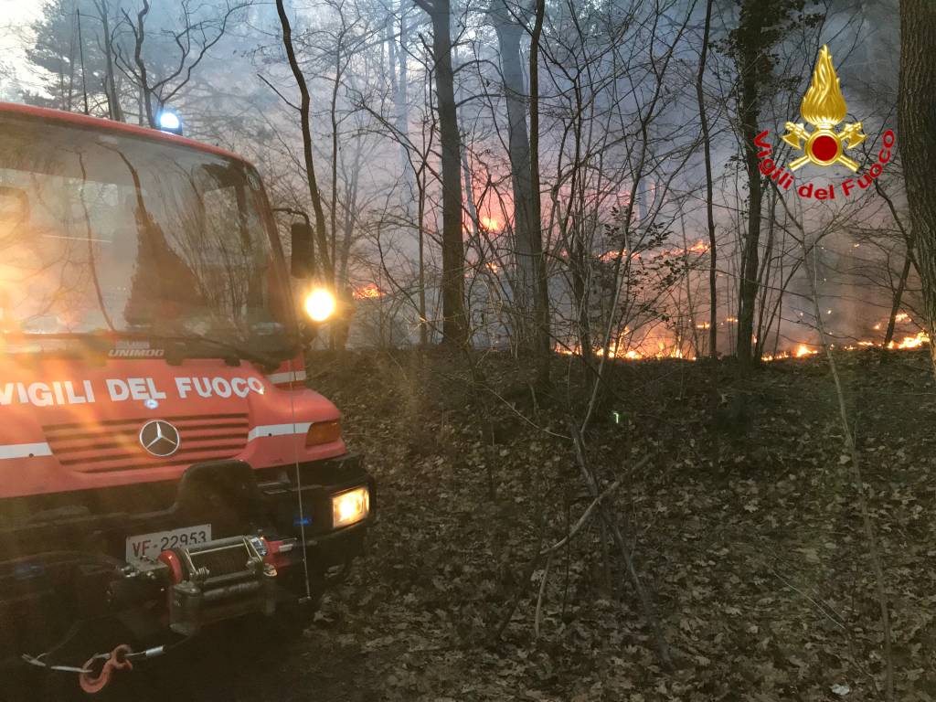 I vigili del fuoco sul fronte delle fiamme di fianco alla statale