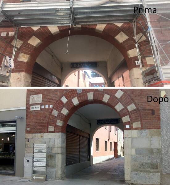 Prima e dopo portale palazzo Leone da Perego