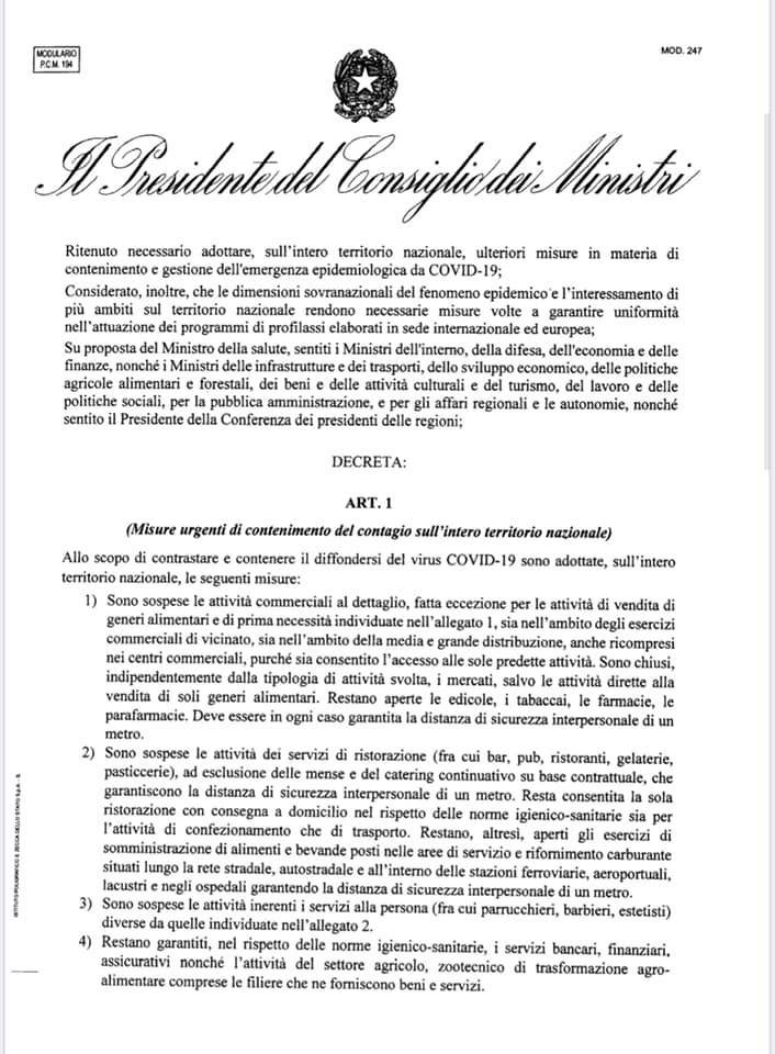 Coronavirus, le restrizioni dell’11 marzo 2020