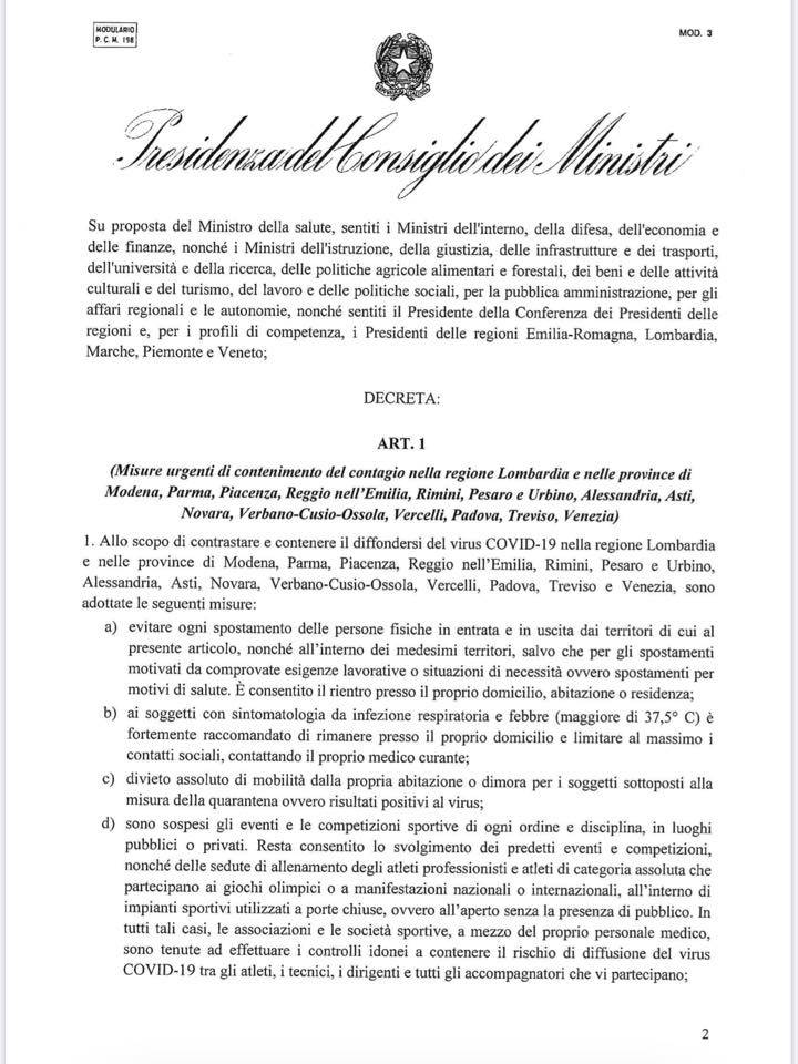 Il decreto del Governo dell'8 marzo 2020
