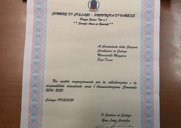 Cislago, il sindaco Cartabia ringrazia il maresciallo Enzo Duma