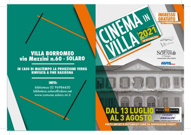A Solaro dal 13 luglio al 3 agosto la rassegna estiva di “Cinema in Villa 2021”