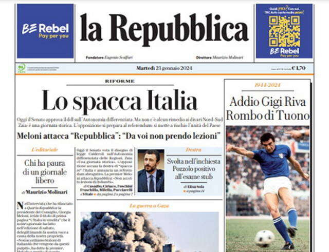 Gigi Riva, le prime pagine dei giornali