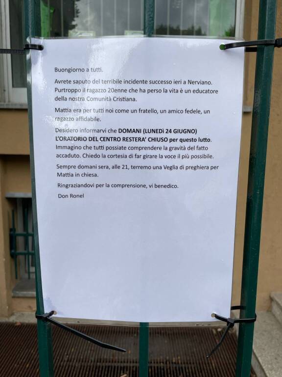 Il cordoglio per Mattia a Parabiago e Nerviano
